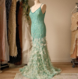 Beautiful Spaghetti Strap V Neck Beaded Backless Mermaid Floor Length Prom Dress Evening Dress HZ1024