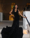 Sexy Black Halter Backless Sequin Mermaid Floor-Mounting Prom Dress Evening Dress HZ1024