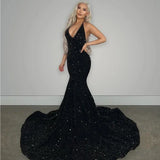 Sexy Black Halter Backless Sequin Mermaid Floor-Mounting Prom Dress Evening Dress HZ1024