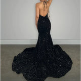Sexy Black Halter Backless Sequin Mermaid Floor-Mounting Prom Dress Evening Dress HZ1024