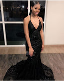 Sexy Black Halter Off-the-shoulder V-neck Mermaid Floor-length Prom Dress Evening Dress HZ1024