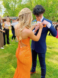 Gorgeous Orange V-neck Off-shoulder Sequin Mermaid Long Prom Dress Bridesmaid Dress HZ1024