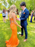 Gorgeous Orange V-neck Off-shoulder Sequin Mermaid Long Prom Dress Bridesmaid Dress HZ1024