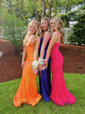 Gorgeous Orange V-neck Off-shoulder Sequin Mermaid Long Prom Dress Bridesmaid Dress HZ1024