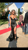 Black satin strapless slit low-cut formal prom dress evening gown HZ1024