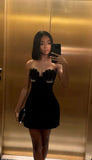Elegant Black Velvet Strapless Mini Prom Dress Evening Dress HZ1024