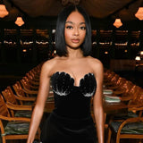 Elegant Black Velvet Strapless Mini Prom Dress Evening Dress HZ1024