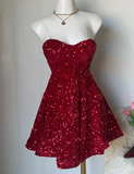 Burgundy A-Line Strapless Sweetheart Neck Sequined Mini Party Dress Homecoming Dress HZ1024