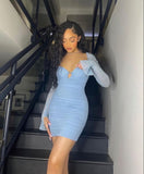 Chic Green Long Sleeve Beaded Bodycon Mini Party Dress Homecoming Dress HZ1024