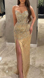 Gorgeous Champagne Strapless Sweetheart Neck Slit Mermaid Prom Dress Evening Dress HZ1024