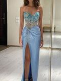 Gorgeous Blue Strapless Sweetheart Neck Beaded Slit Satin Formal Prom Dress Evening Gown HZ1024