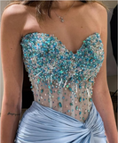 Gorgeous Blue Strapless Sweetheart Neck Beaded Slit Satin Formal Prom Dress Evening Gown HZ1024