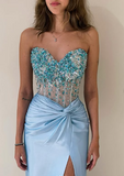 Gorgeous Blue Strapless Sweetheart Neck Beaded Slit Satin Formal Prom Dress Evening Gown HZ1024