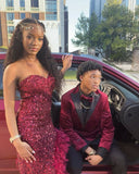 Shiny Burgundy Strapless Sequined Leaky Prom Dress Evening Dress HZ1024