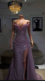 Charming Purple Off-the-shoulder V-neck Beaded Sequined Slit Prom Dress Evening Dress HZ1024