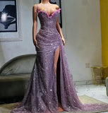 Charming Purple Off-the-shoulder V-neck Beaded Sequined Slit Prom Dress Evening Dress HZ1024