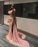 Sexy Pink Low Cut Shoulder Straps Shiny Slit Train Prom Dress Evening Dress HZ1024