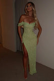 Shiny Green Off-the-shoulder Sleeveless V-neck Slit Mermaid Prom Dress Evening Dress HZ1024