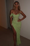 Shiny Green Off-the-shoulder Sleeveless V-neck Slit Mermaid Prom Dress Evening Dress HZ1024