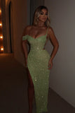Shiny Green Off-the-shoulder Sleeveless V-neck Slit Mermaid Prom Dress Evening Dress HZ1024
