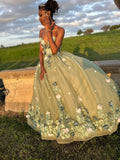 Cute Green Sleeveless 3D Flower A-Line Prom Dress Princess Dress HZ1024