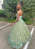 Cute Green Sleeveless 3D Flower A-Line Prom Dress Princess Dress HZ1024