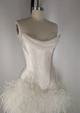 Elegant White Satin Off Shoulder Feather A-Line Mini Party Dress Homecoming Dress HZ1024