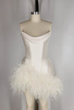 Elegant White Satin Off Shoulder Feather A-Line Mini Party Dress Homecoming Dress HZ1024