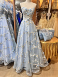 Beautiful A-line light blue strapless sweetheart neckline floral tulle long prom dress evening HZ1024