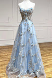 Beautiful A-line light blue strapless sweetheart neckline floral tulle long prom dress evening HZ1024