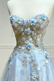 Beautiful A-line light blue strapless sweetheart neckline floral tulle long prom dress evening HZ1024