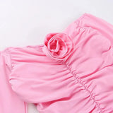 Sexy Pink Off Shoulder Long Sleeve 3D Flower Pleated Mini Party Dress Homecoming Dress HZ1024