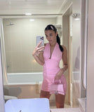Pink Halter Plunge Neck Off Shoulder Bodycon Mini Party Dress Homecoming Dress HZ1024