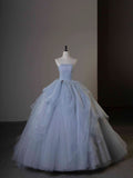 Elegant A-Line Strapless Tulle Long Formal Prom Dress Evening Gown HZ1024