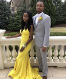 Sexy Yellow V-neck Sleeveless Mermaid Backless Floor-length Prom Dress Evening Dress HZ1024