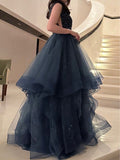 Elegant Navy A-Line Sleeveless Shiny Tulle Long Prom Dress Evening Gown HZ1024
