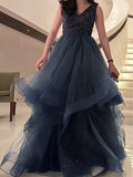 Elegant Navy A-Line Sleeveless Shiny Tulle Long Prom Dress Evening Gown HZ1024