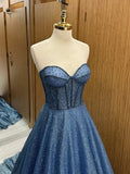 Elegant Navy A-Line Strapless Sweetheart Neck Long Formal Prom Dress Evening Gown HZ1024