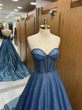 Elegant Navy A-Line Strapless Sweetheart Neck Long Formal Prom Dress Evening Gown HZ1024