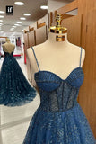 Elegant Navy A-Line Strap Sleeveless Shiny Long Formal Prom Dress Evening Gown HZ1024