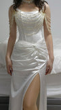 Elegant White Strap Beaded Waist Pleated Slit Wedding Dress HZ1024