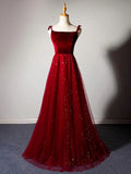 Elegant Burgundy Strapless Sleeveless A-Line Velvet Tulle Long Prom Dress Evening Dress HZ1024