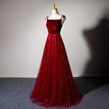 Elegant Burgundy Strapless Sleeveless A-Line Velvet Tulle Long Prom Dress Evening Dress HZ1024