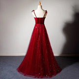 Elegant Burgundy Strapless Sleeveless A-Line Velvet Tulle Long Prom Dress Evening Dress HZ1024