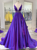 Elegant Purple Deep V Neck Straps Sleeveless A-Line Satin Slit Long Prom Dress Evening Dress HZ1024