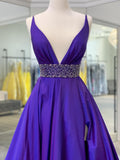Elegant Purple Deep V Neck Straps Sleeveless A-Line Satin Slit Long Prom Dress Evening Dress HZ1024