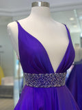 Elegant Purple Deep V Neck Straps Sleeveless A-Line Satin Slit Long Prom Dress Evening Dress HZ1024