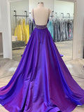 Elegant Purple Deep V Neck Straps Sleeveless A-Line Satin Slit Long Prom Dress Evening Dress HZ1024