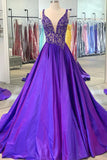 Retro Purple V Neck Sleeveless A-Line Prom Dress Evening Gown HZ1024