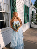 Elegant Blue Strapless Sweetheart Neck A-Line Tulle Long Prom Dress Bridesmaid Dress HZ1024